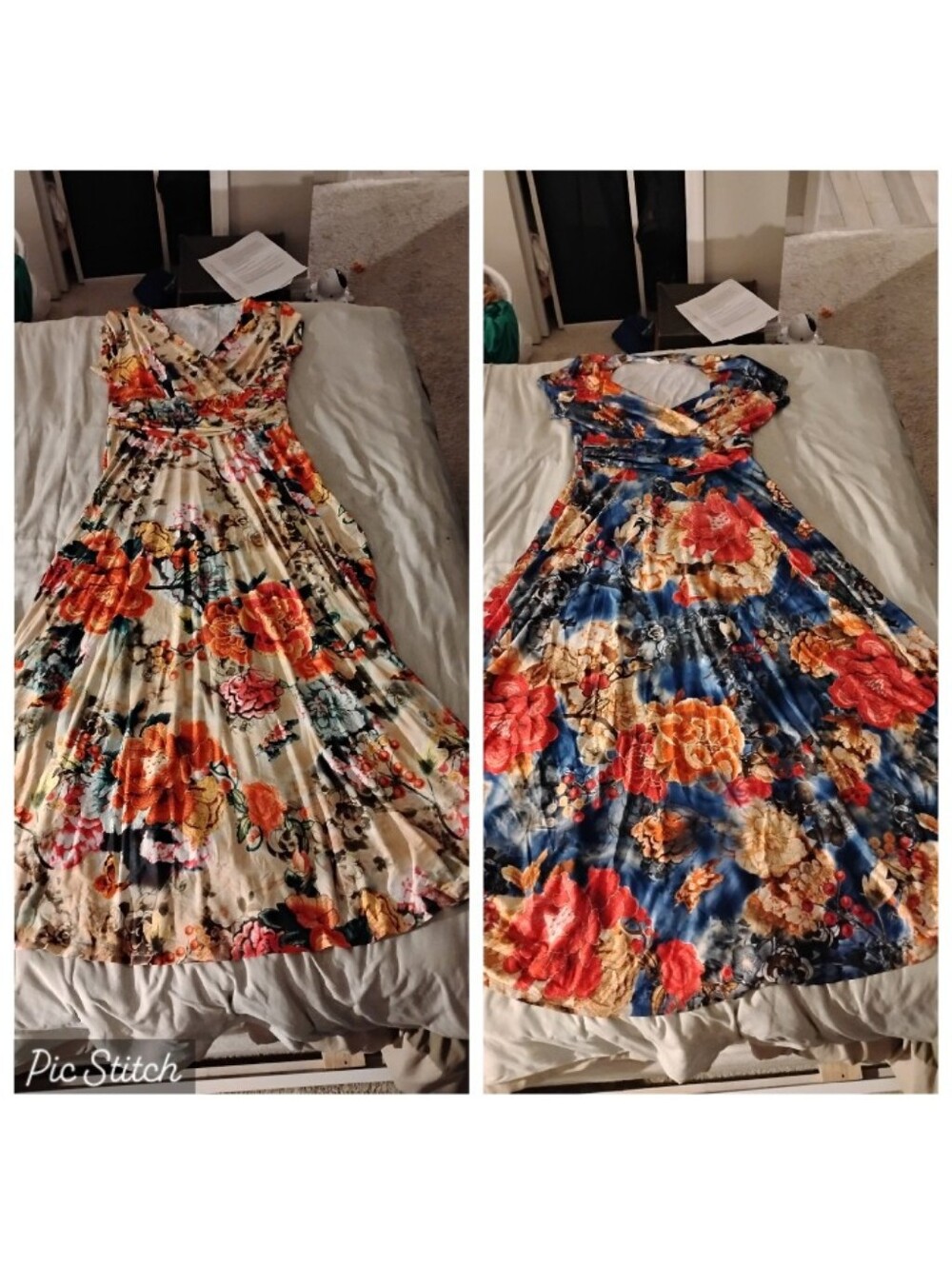2 Koh Koh Floral V-Neck Maxi Dresses in Cream and Blue - Elegant Wrap Style